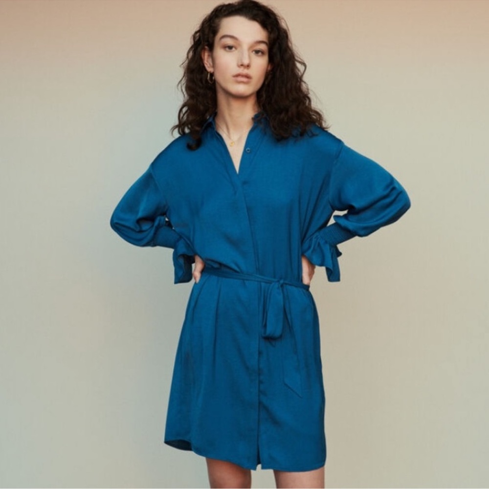 Maje Rebano Chemise Bleu Button Up Satin Shirt Dress Size 1 USA Women’s Small